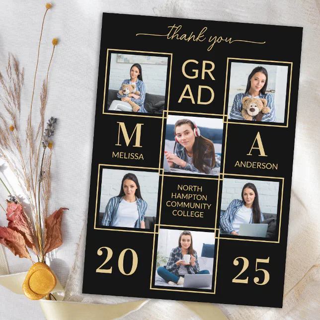 Elegant 6 Photo Personalized Black Gold Graduation Thank You Card | Zazzle