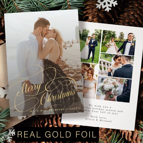 Elegant 6 photos newlywed Merry Christmas gold Foil Holiday Card