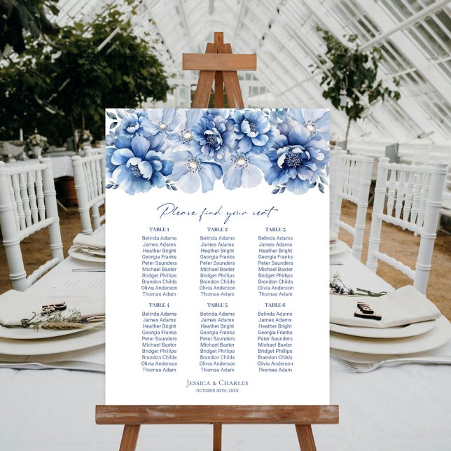 Elegant 6 Table Blue Floral Wedding Seating Chart Foam Board (Creator Uploaded)