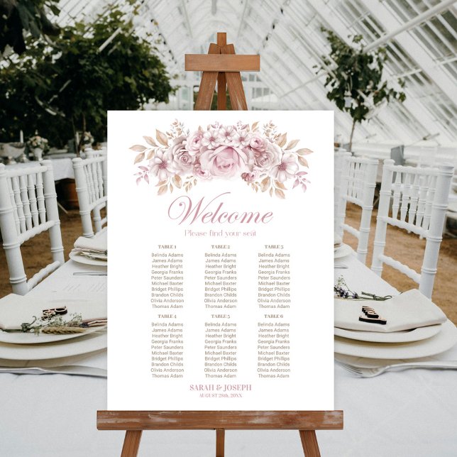 Elegant 6 Table Pink Floral Wedding Seating Chart Foam Board (Creator Uploaded)