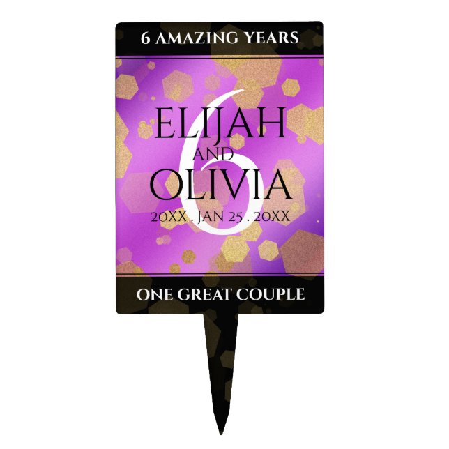 Elegant 6th Amethyst Wedding Anniversary Cake Topper (Front)