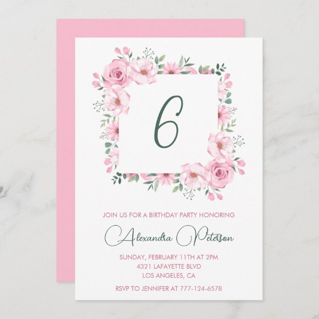 Elegant 6th birthday invitations Floral  Pink (Front/Back)