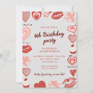 Elegant 6th birthday invitations Grey Red Hearts