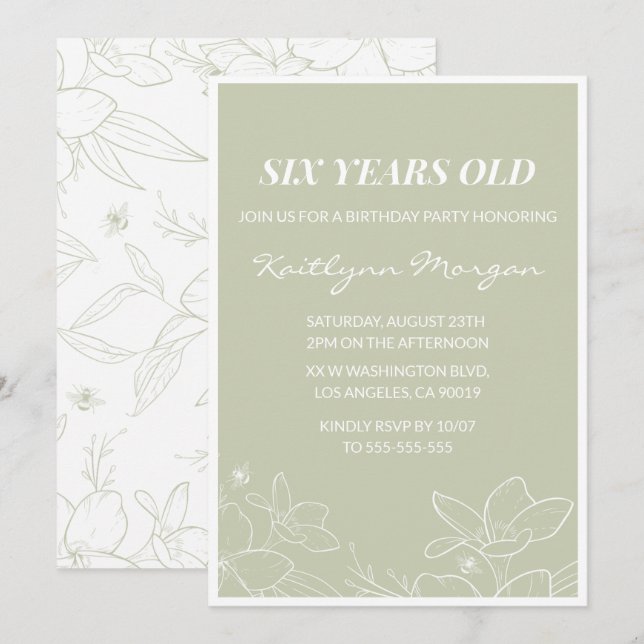 Elegant 6th birthday invitations Modern Floral  (Front/Back)