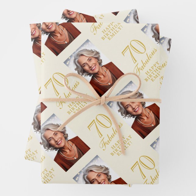 Elegant 70 and Fabulous 70th Birthday Photo Wrapping Paper Sheets (In situ)