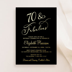 Elegant 70 And Fabulous Black 70th Birthday Party Foil Invitation