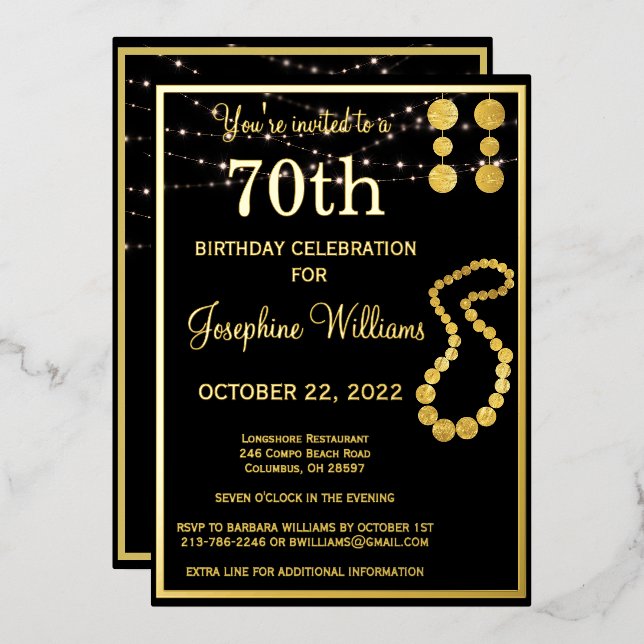 Elegant 70 Seventy Birthday Black REAL Gold    Foil Invitation (Front/Back)