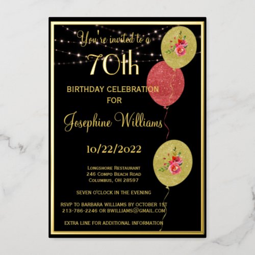 Elegant 70 Seventy Birthday Black REAL Gold    Foil Invitation