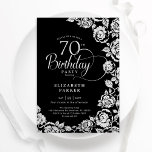 Elegant 70th Birthday Black Silver Roses Invitation<br><div class="desc">Black silver floral 70th birthday party invitation. Elegant design featuring roses,  faux silver foil and typography script font. Trendy invite card perfect for a stylish female bday celebration. Can be customized to any age. Personalize with your own details. Printed Zazzle invitations or instant download digital printable template.</div>