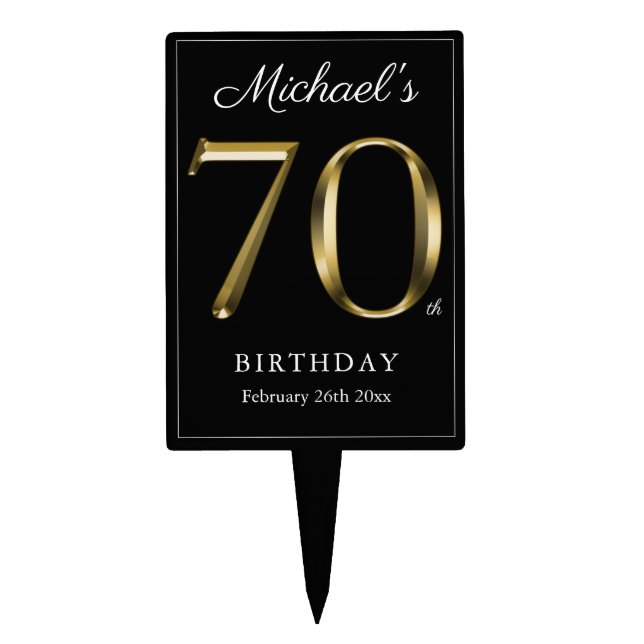 Elegant 70th Birthday Black Solid Gold Text Classy Cake Topper (Front)