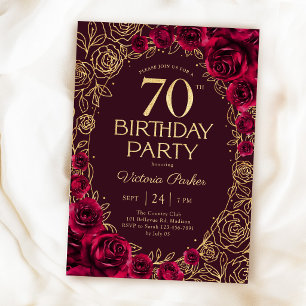 Elegant 70th Birthday Burgundy Gold Floral Invitation