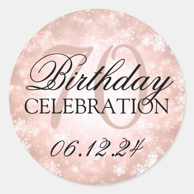 Elegant 70th Birthday Copper Winter Wonderland Classic Round Sticker (Front)