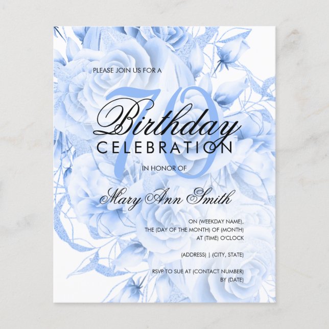 Elegant 70th Birthday Floral Navy Blue Invite Flyer (Front)