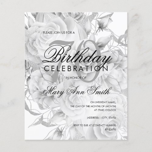 Elegant 70th Birthday Floral Silver White Invite