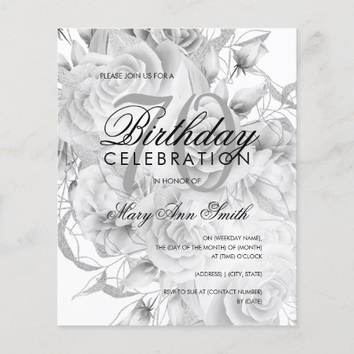 Elegant 70th Birthday Floral Silver White Invite Flyer