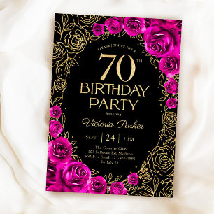 Elegant 70th Birthday Fuchsia Pink Black & Gold Invitation