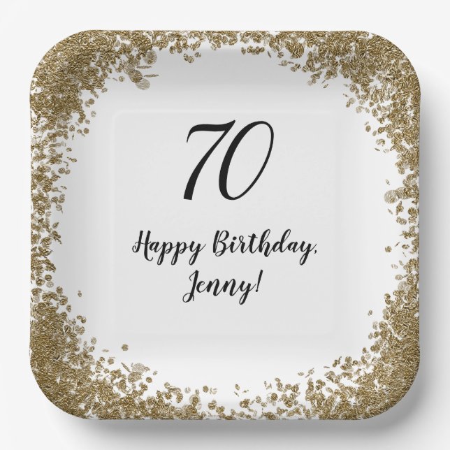 Elegant 70th Birthday Gold Confetti Modern Paper Plates (Front)