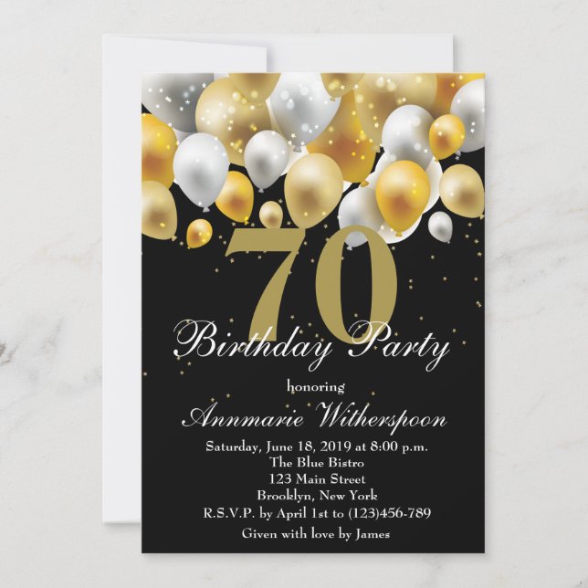 Elegant 70th Birthday Invitation Gold Balloons (Front)