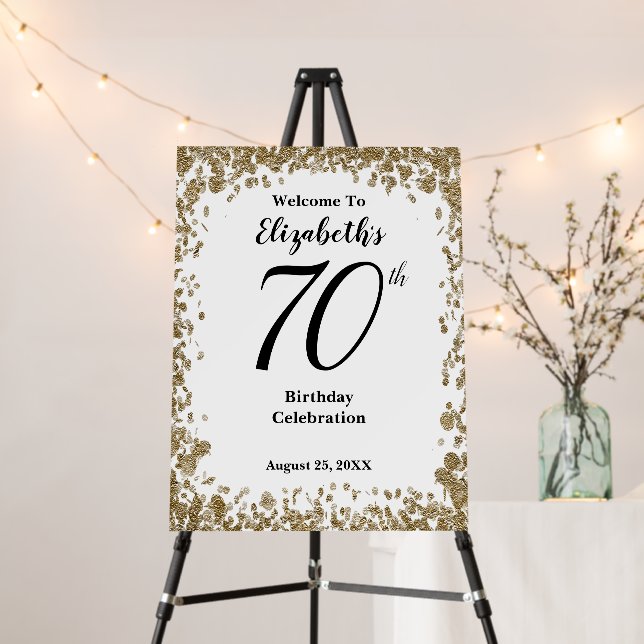 Elegant 70th Birthday Invitation With Gold Sequins Foam Board (In Situ (Stand))