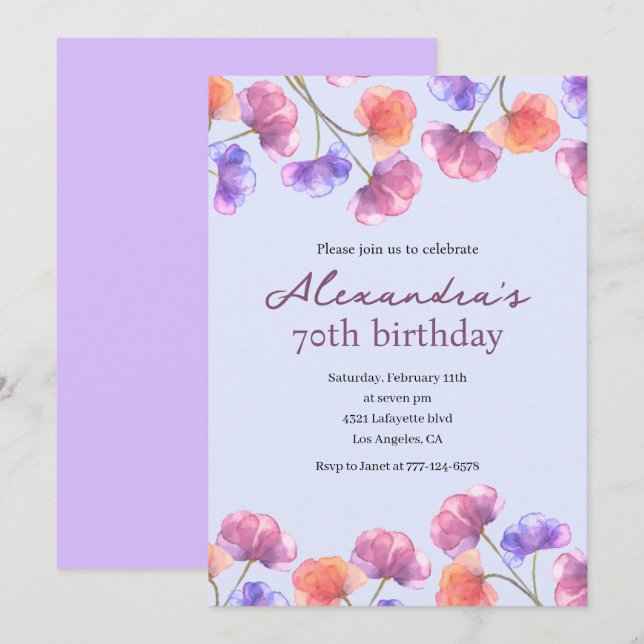 Elegant 70th birthday invitations Boho Floral Chic (Front/Back)