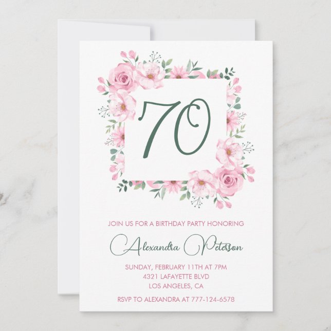 Elegant 70th birthday invitations Floral  Pink (Front)