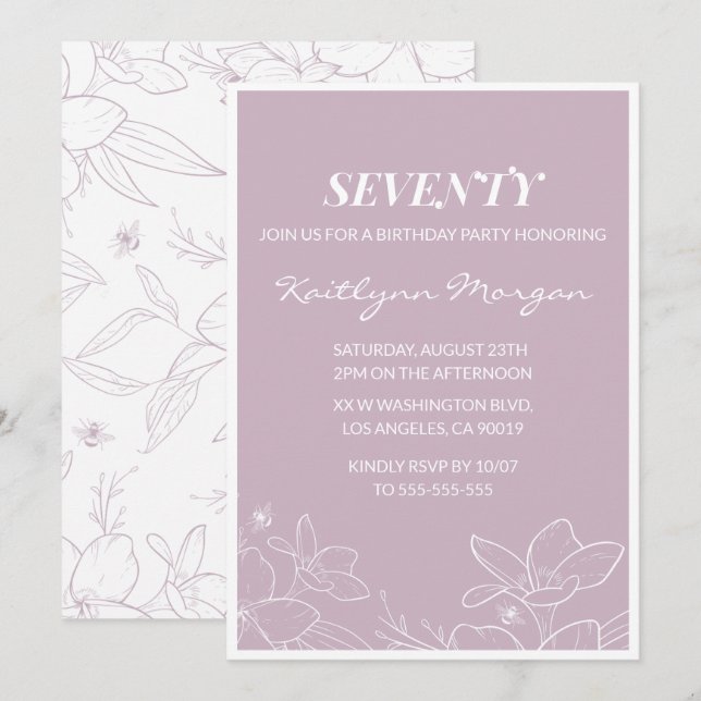 Elegant 70th birthday invitations Modern Floral (Front/Back)