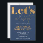 Elegant 70th birthday invitations Navy Gold<br><div class="desc">Elegant 70th birthday invitations Navy Gold glam modern  calligraphy typography feminine milestone classic elegant glam</div>