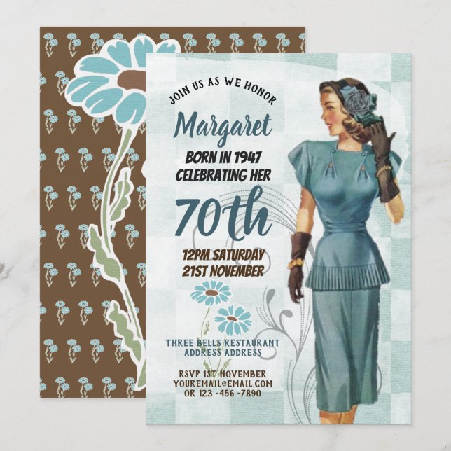 Elegant 70th Birthday Invite RETRO 1940s Woman (Front/Back)