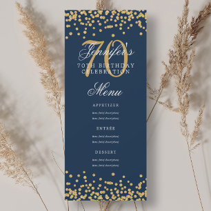Elegant 70th Birthday Menu Gold Navy Blue Confetti Invitation