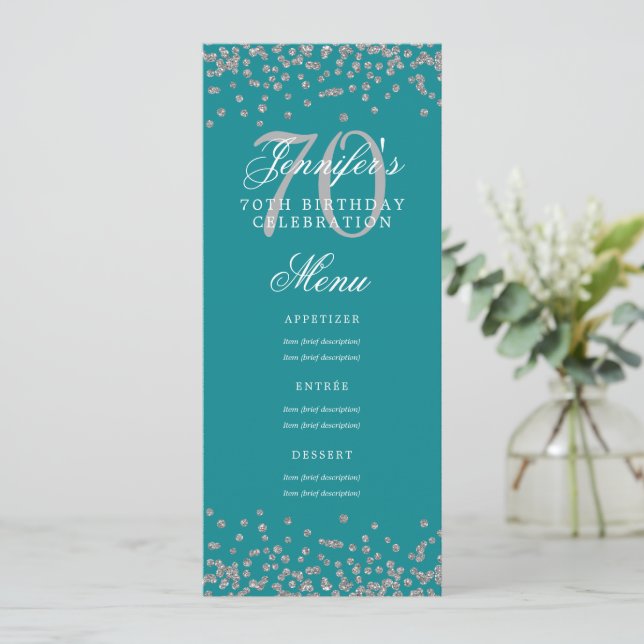 Elegant 70th Birthday Menu Silver Confetti Teal  Invitation (Standing Front)