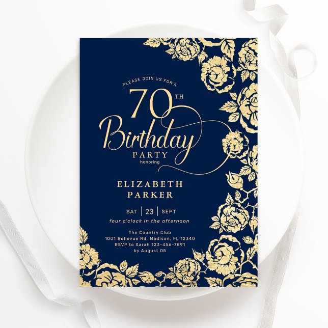 Elegant 70th Birthday Navy Gold Roses Invitation (Creator Uploaded)