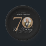 Elegant 70th Birthday Paper Plates<br><div class="desc">Elegant 70th Birthday Paper Plates. Celebrate a milestone birthday with our Black and Gold Simple Elegant design, perfect for adding a touch of sophistication to your special day. This customizable design features a sleek black background adorned with elegant gold accents, creating a timeless and classy look. Personalize it further with...</div>
