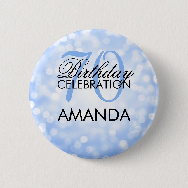 Elegant 70th Birthday Party Blue Glitter Lights Button (Front)