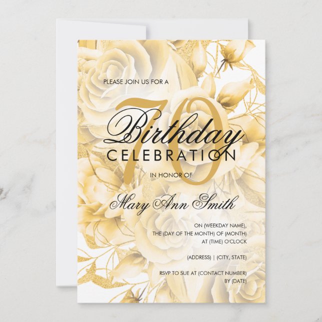 Elegant 70th Birthday Party Floral Gold  Invitation (Front)