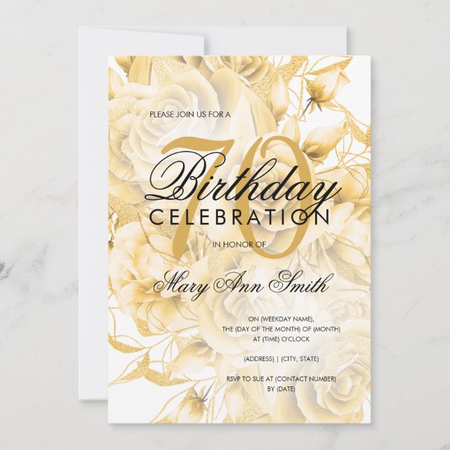 Elegant 70th Birthday Party Floral Gold  Invitation (Front)