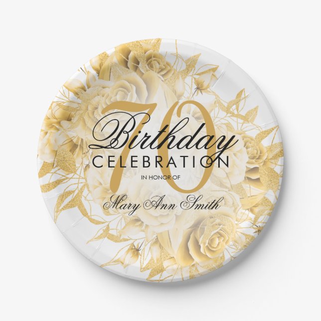 Elegant 70th Birthday Party Floral Gold  Paper Plates (Front)