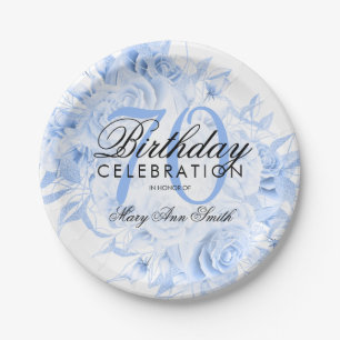 Elegant 70th Birthday Party Floral Navy Blue  Paper Plates