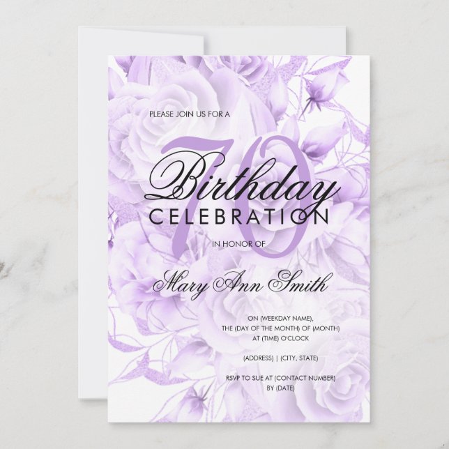 Elegant 70th Birthday Party Floral Purple  Invitation (Front)