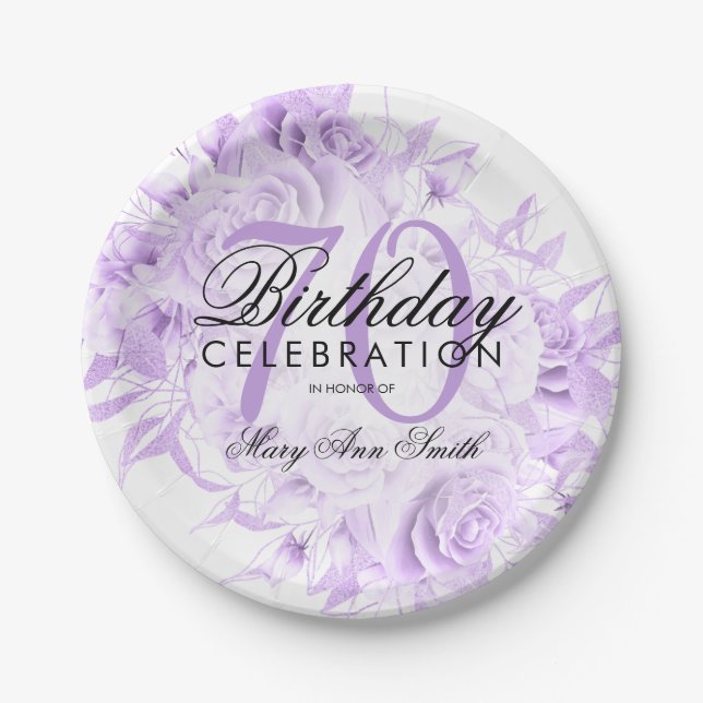 Elegant 70th Birthday Party Floral Purple  Paper Plates (Front)