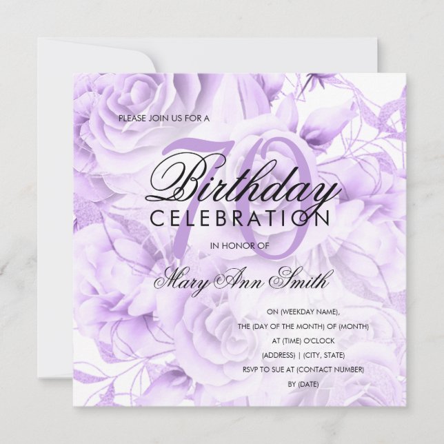 Elegant 70th Birthday Party Floral Silver Purple  (Front)