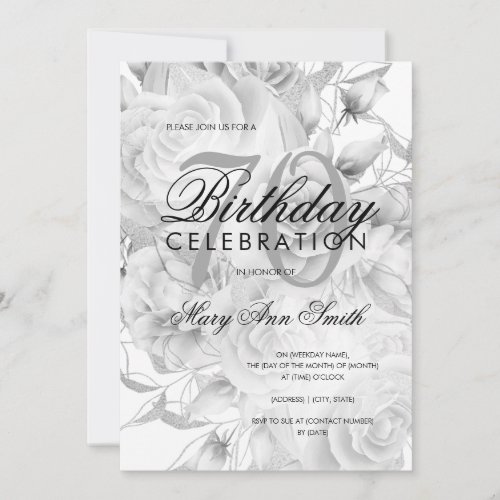 Elegant 70th Birthday Party Floral Silver White Invitation