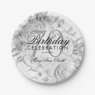 Elegant 70th Birthday Party Floral Silver White Paper Plates