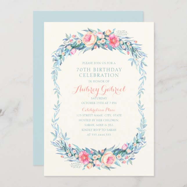 Elegant 70th Birthday Party Floral Watercolor Invitation (Front/Back)