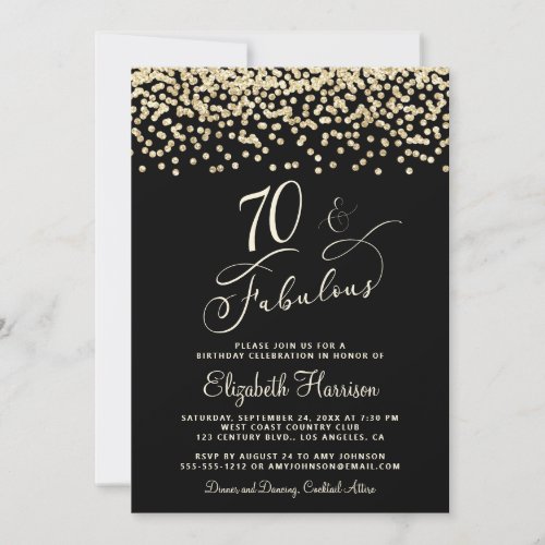 Elegant 70th Birthday Party Gold Glitter Black Invitation