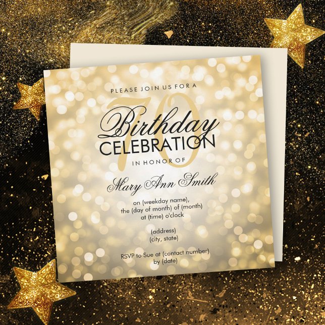 Elegant 70th Birthday Party Gold Glitter Lights Invitation (Creator Uploaded)