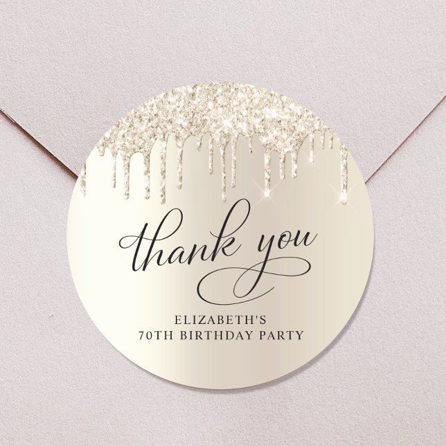 Elegant 70th Birthday Party Gold Glitter Thank You Classic Round Sticker (Creator Uploaded)