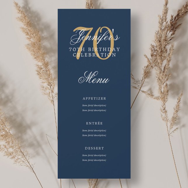 Elegant 70th Birthday Party Menu Gold Navy Blue  Invitation (Elegant 70th Birthday Party Menu Gold Navy Blue Invitation)