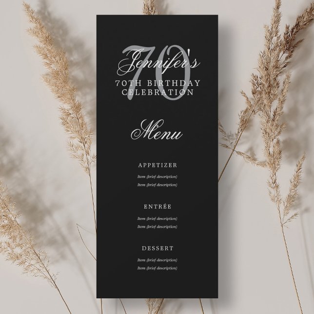 Elegant 70th Birthday Party Menu Silver Black  Invitation (Elegant 70th Birthday Party Menu Silver Black Invitation)