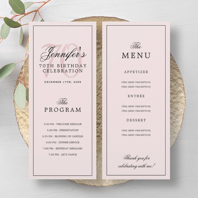 Elegant 70th Birthday Party Program + Menu Blush  (Elegant 70th Birthday Party Program + Menu Blush )