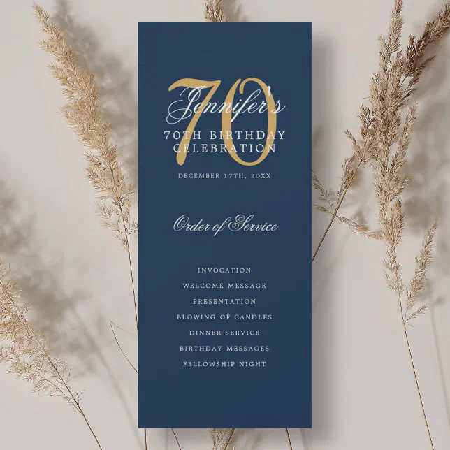 Elegant 70th Birthday Party Program Navy Gold | Zazzle